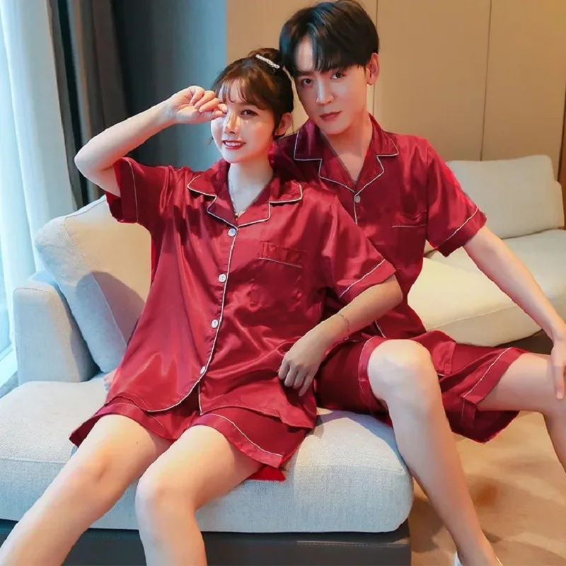 Solid Color Sleepwear Silk Satin Pajamas Couple Set Short-sleeved Pyjamas Suit Pijama Women Men Loungewear Plus Size Pj Set