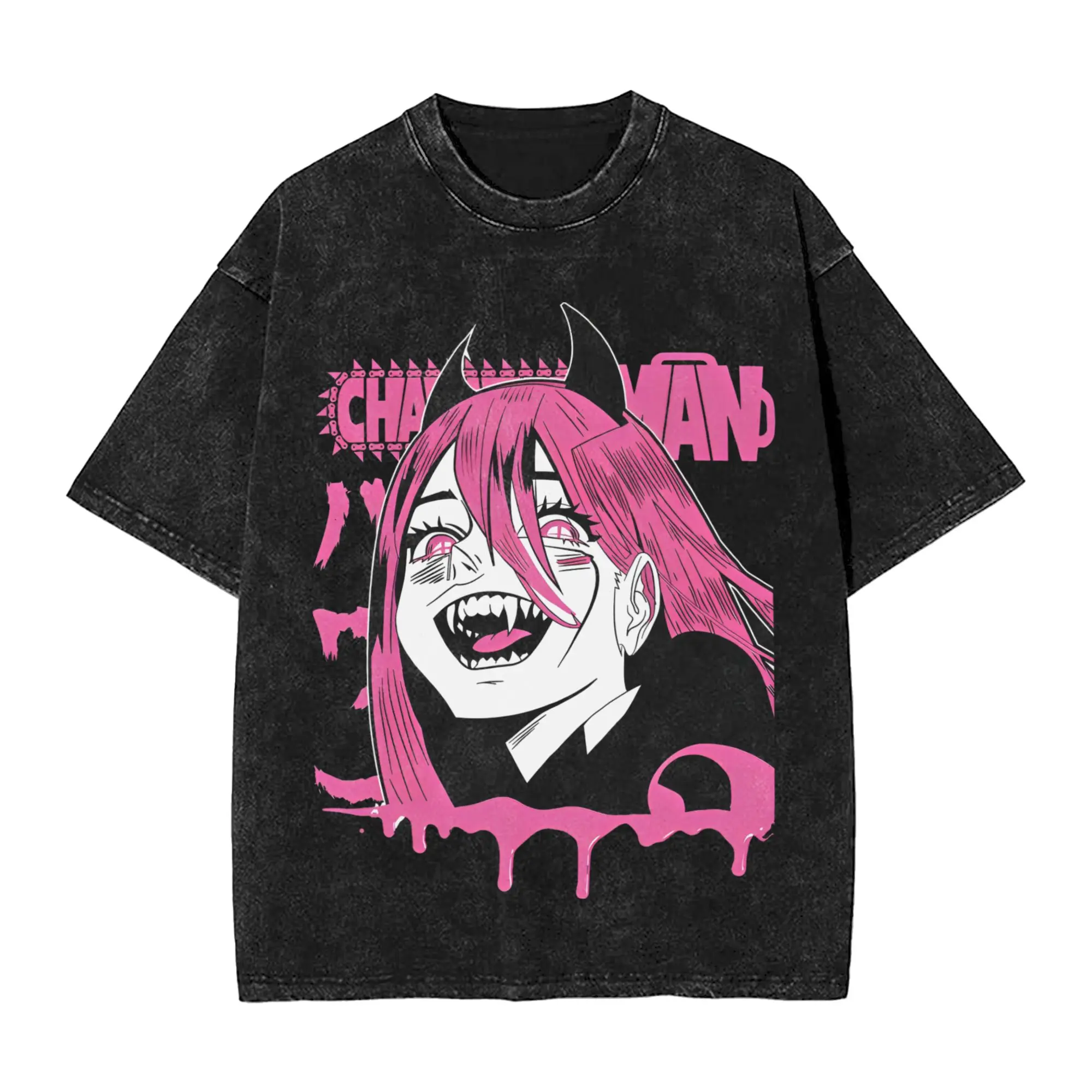 Power Chainsaws Man Design Vintage Washed Tshirt Men 100%Cotton Clothing Printed Anime Manga Round Neck Short Sleeve