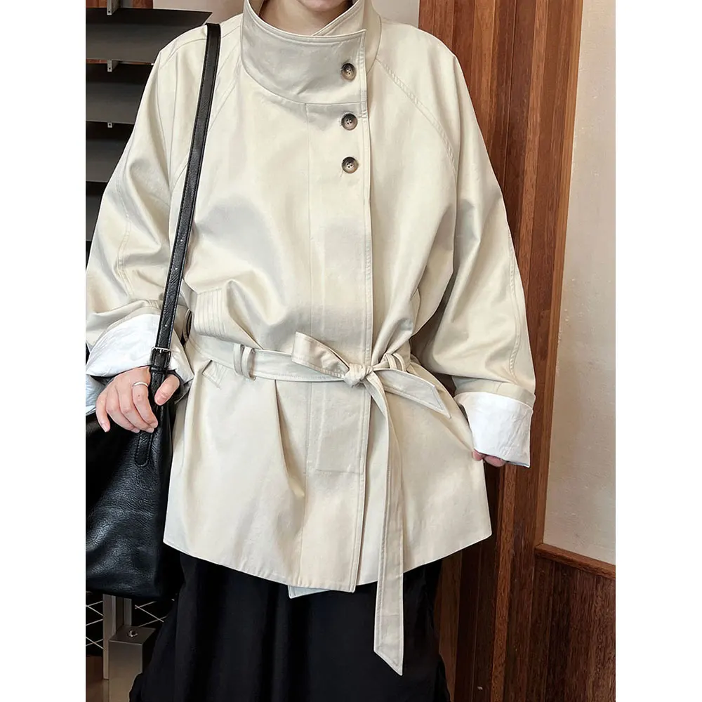 Damski Płaszcz Trencz Jesienny Wysokiej Jakości Stójka Khaki Bawełniany Trencz Femme Casaco Abrigo Streetwear