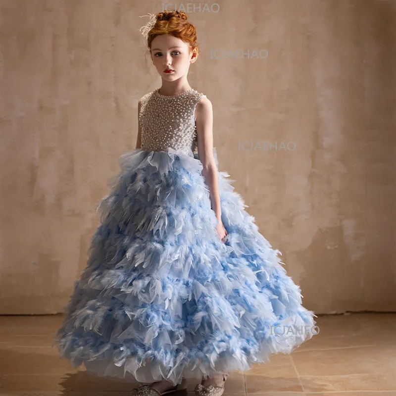 Kids Formal Dress Costume Children Feather Blue Princess Gown Birthday Party Flower Girl Host  Piano Girls Performance Outfit