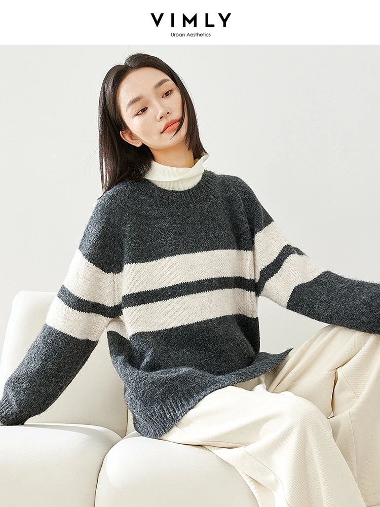 Vimly Contrast Striped Knitted Sweater 2023 Autumn Winter O-neck Long Sleeve Pullovers Loose High Strecth Jumpers Knitwear 72639