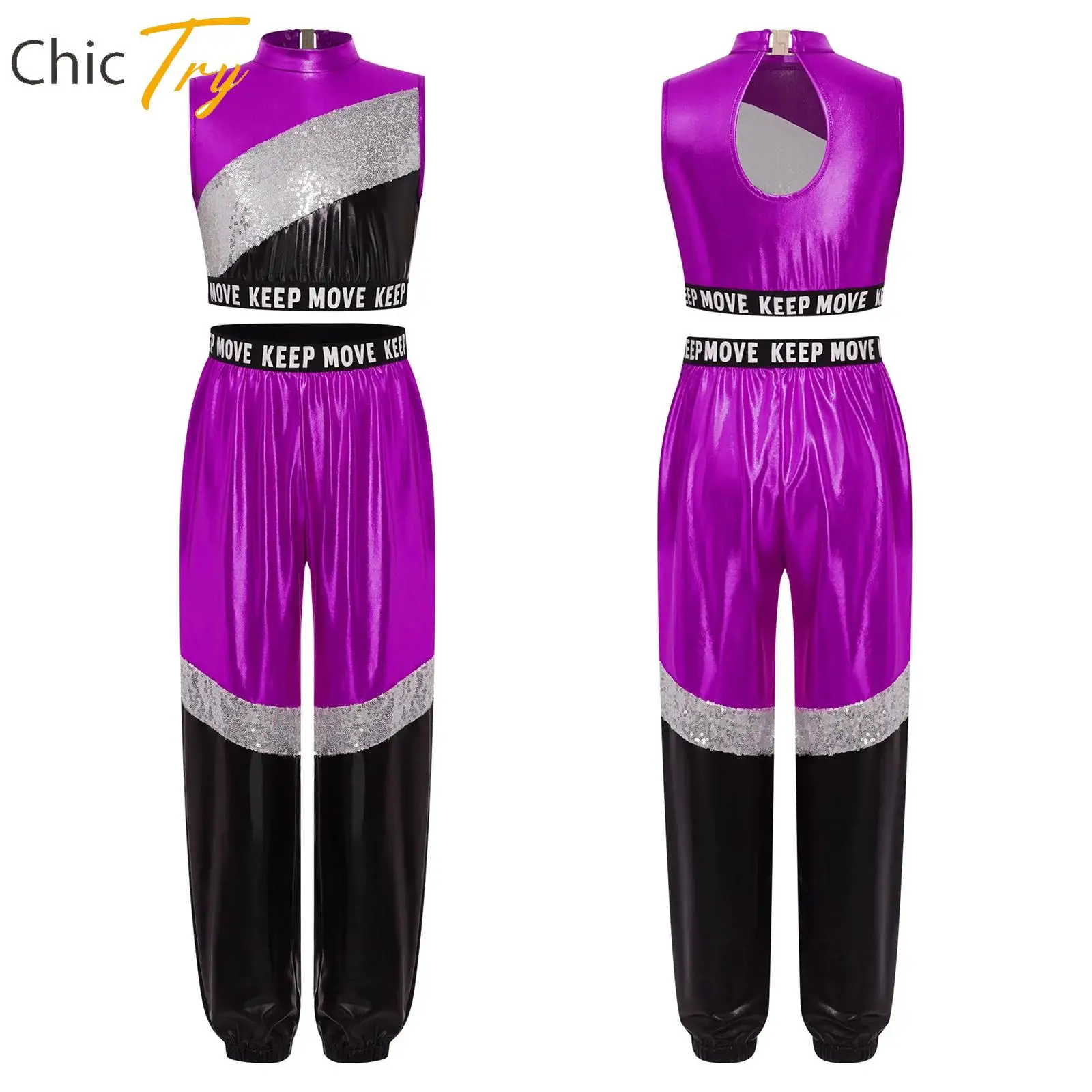 

Kids Girl Jazz Dance Costume School Basketball Cheerleading Performance Dancewear Sleeveless Sequins Metallic Crop Top And Pants