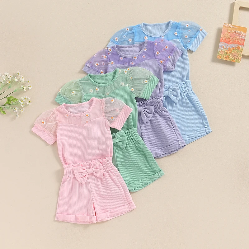 

2024-04-09 Lioraitiin Little Girl Ribbed Set, Daisy Embroidery Patchwork Mesh Short Sleeve Tops Bow Shorts Toddler Summer Outfit