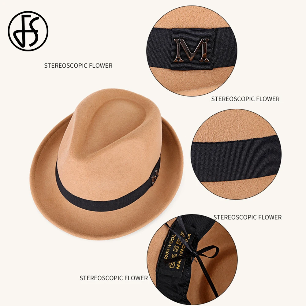 FS Caballero negro Jazz carne de cerdo sombreros para hombres Trilby Panamá gorra invierno 100% fieltro de lana Fedora boda fiesta sombrero de copa pequeño