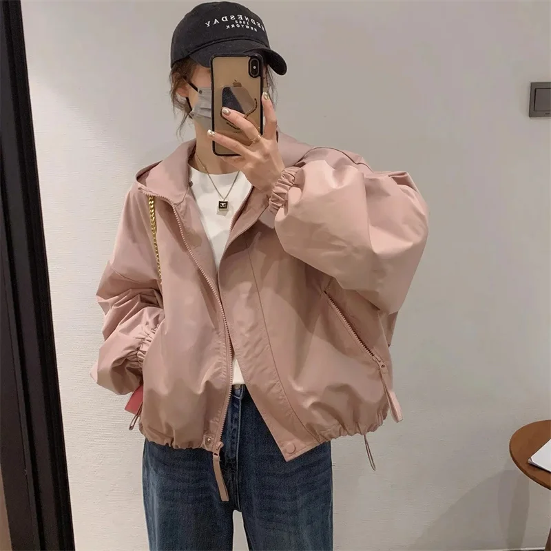 Autumn Feminine Leisure Hooded Lined Outwear Korean Ladies Long Sleeves Windbreaker Coat Women Loose Zipper Trench Jacket