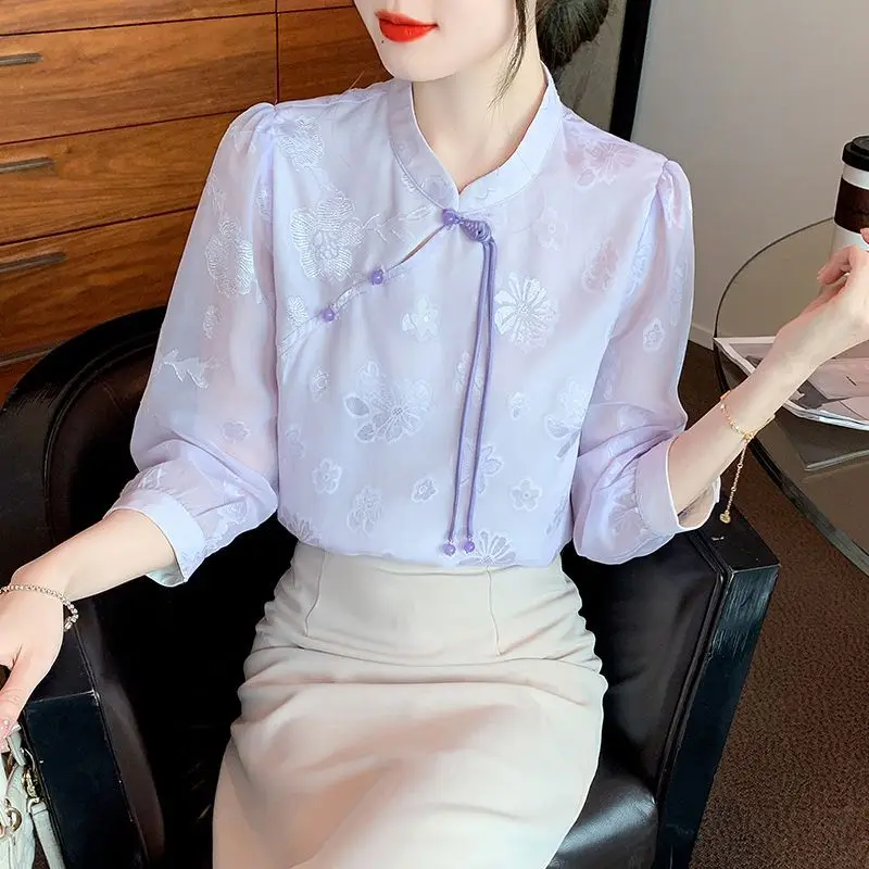 Spring Autumn New Women's Solid Color Stand Collar Jacquard Button Fashion Vintage Slim Half Sleeve National Style Shirt Tops