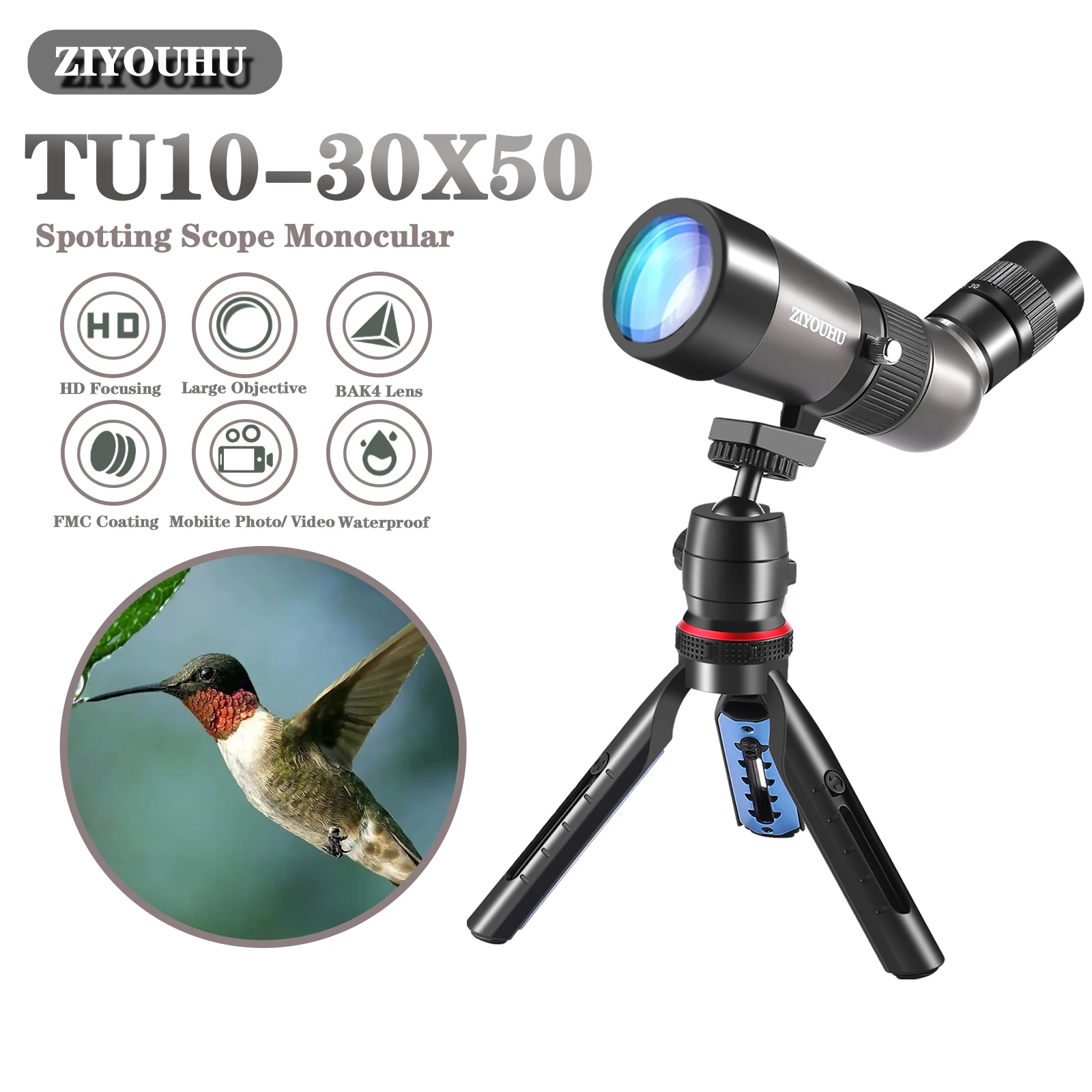 

New TU10-30x50 Zoom Spotlight Single Tube Bird Watching Mirror BAK4 Prism 50mm Large Lens And Tripod Bird Bbservation Camping