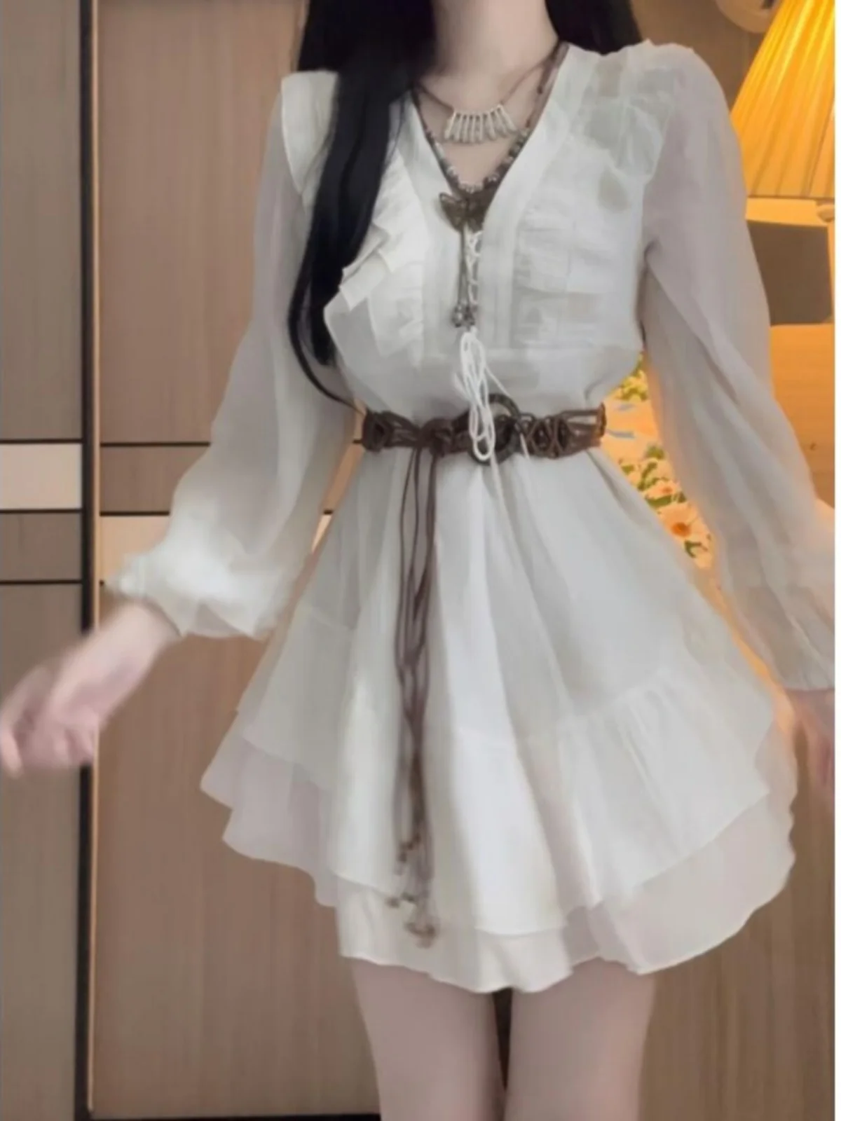 

Нежное женское платье Sweet Pure Gentle Wind, весеннее, маленького размера, с эффектом утяжки талии, фееричное, во французском стиле, с поясом, с длинными рукавами