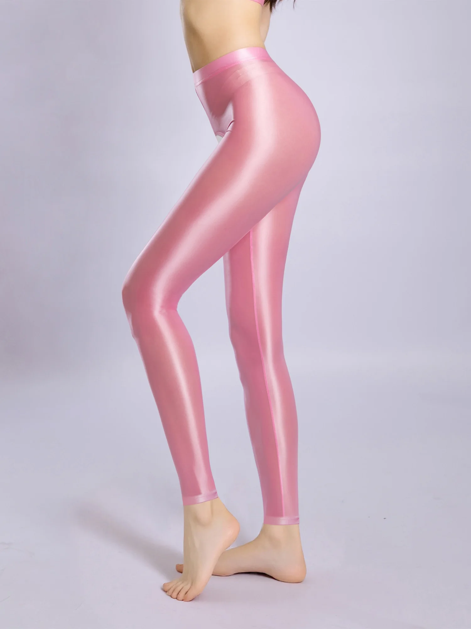 Women Glossy Crotchless Exotic Pants Lingerie Elastic Waistband Stretchy Yoga Leggings Tights Nightwear Pole Dancing Clubwear