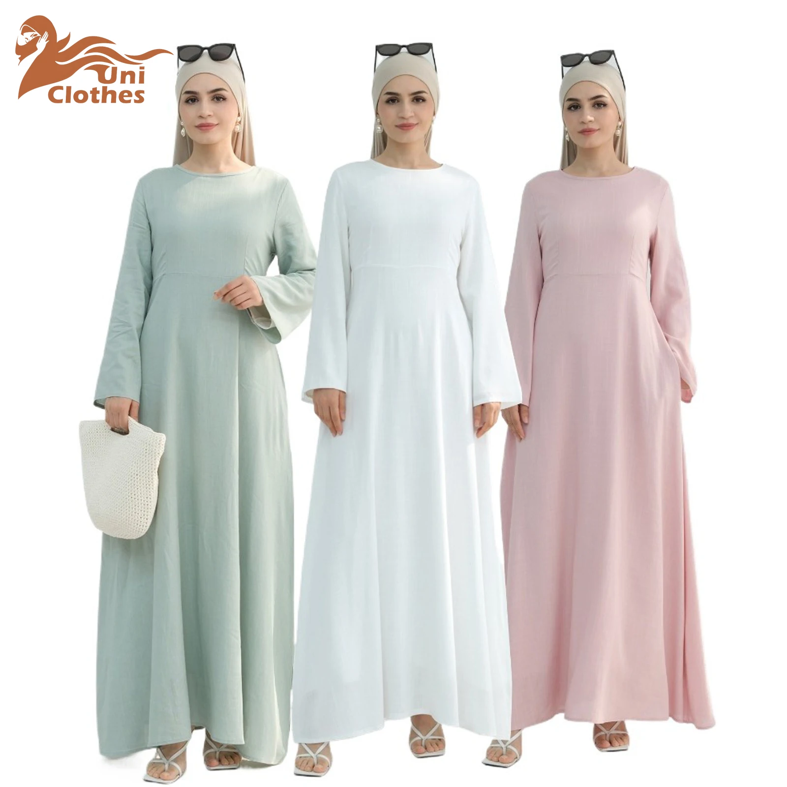 

UNI мусульманская хлопково-льняная Абая женская скромная Абая с длинным рукавом весна осень новое повседневное удобное платье Дубай Турция белая Абая