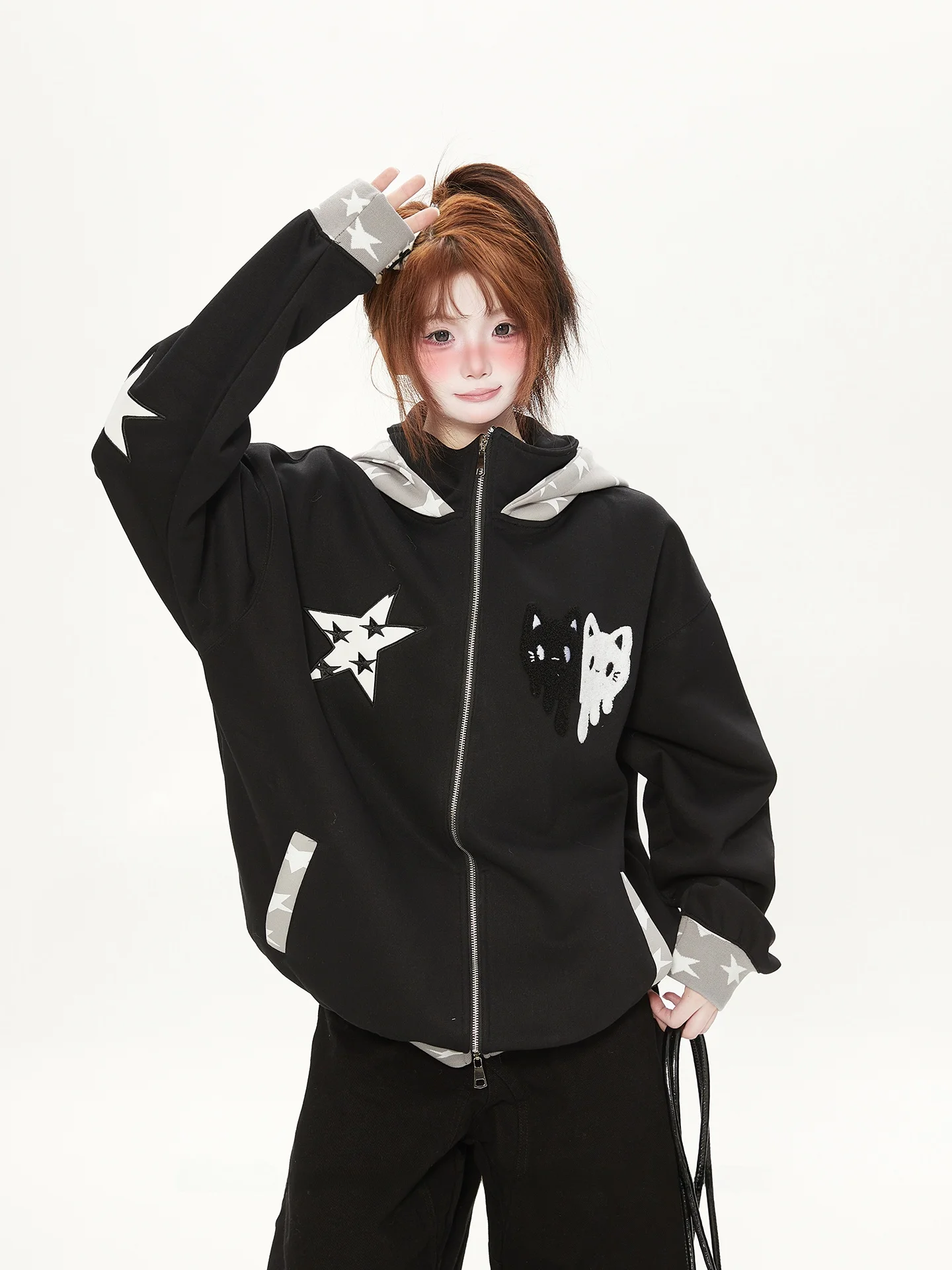 Retro American Star Hooded Open Cardigan Women's Autumn Winter Fleece Loose Casual Couple Jacket Trendy Brand Commute Style