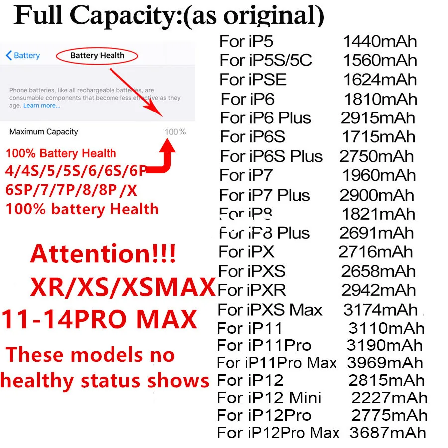 2024 High Capacity Phone Battery For iPhone  6 6S 7 8 Plus X XR XS MAX 11 11 Prox Replacement Bateria For iPhone SE Batteries