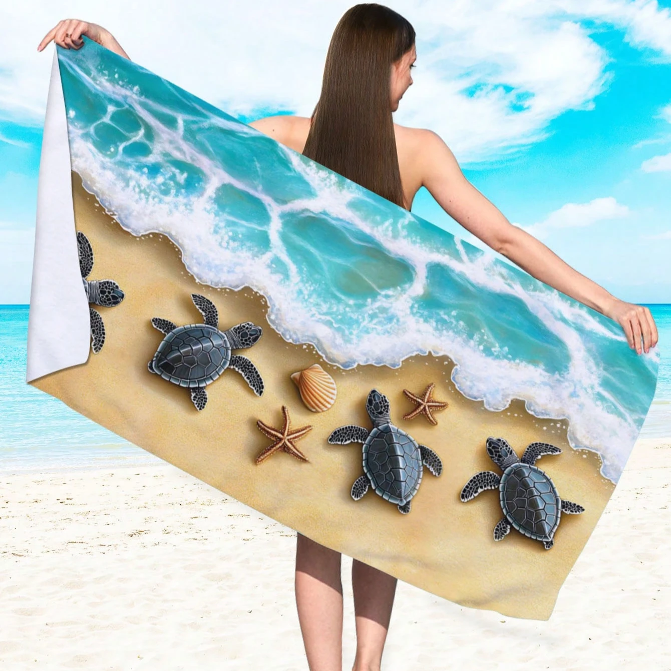 1pc Ultra Soft Absorbent Microfiber Beach Towel With Sea Turtle, Shell & Starfish Print, Suitable For Swimming, Vacation