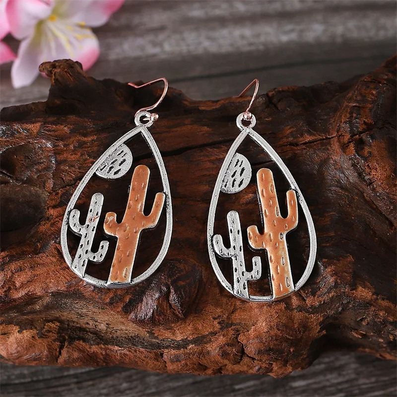 DIY accessories Cross-border new two-color desert cactus pendant earrings, retro western style plant hollow water drop earrings