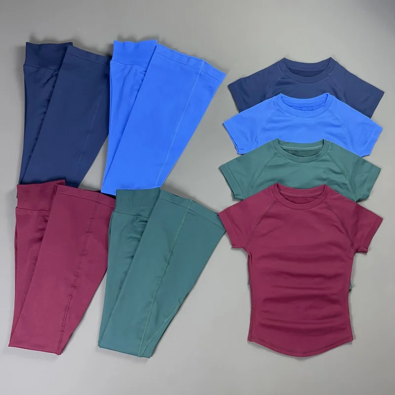 Women Seamless Yoga 2 Piece Set Short Sleeve Top Flared Leggings Suit High Stretch Soft Breathable Gym Pilates Training Outfit