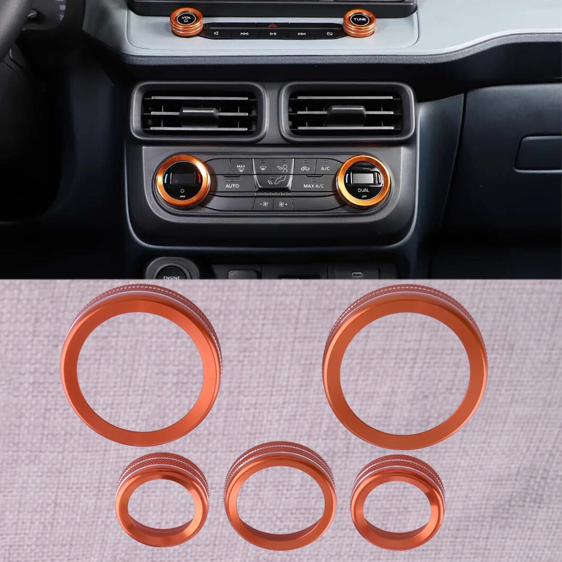 5Pcs/Set Orange Aluminum Alloy Car Center Console Knob Trim Ring Cover Fit for Ford Maverick 2023 2022 New