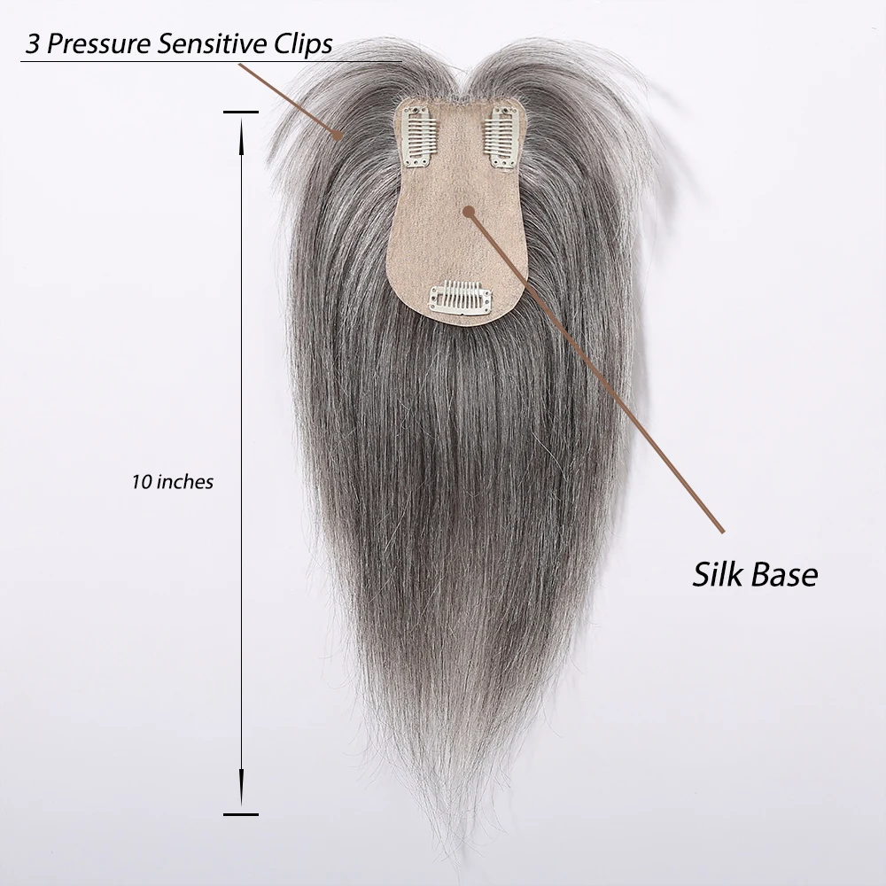 Gray Silver Remy Human Hair Toppers Silk Base Hairpieces 3 Clips in Hair with Bangs 10 Inches Hair Topper Extensions for Women