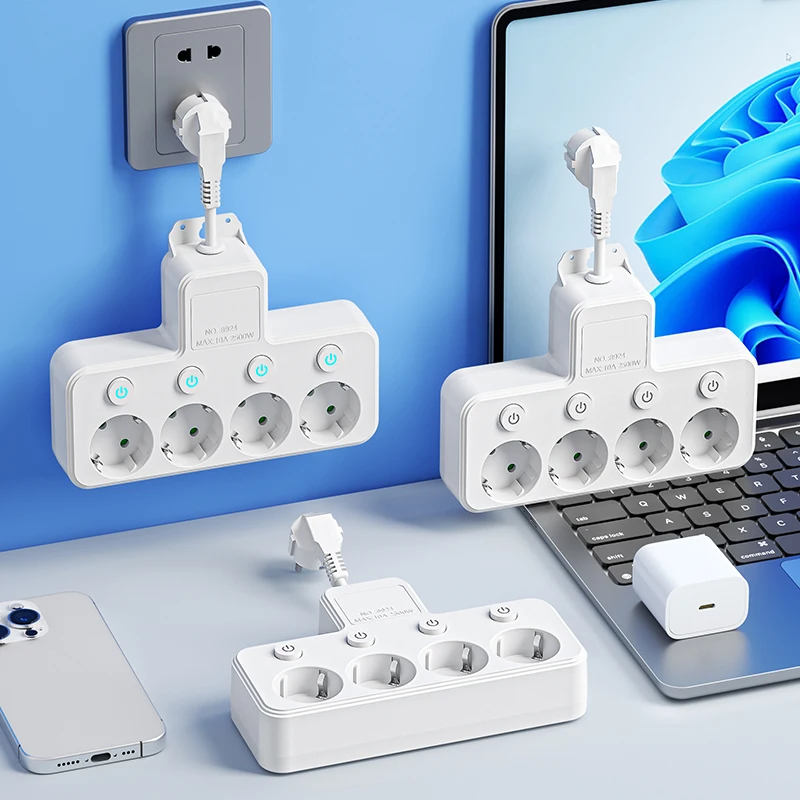 Intelligente 5-fach Steckdosenleiste mit EU-Stecker, Verlängerungskabel, 2 USB- und 2 Typ-C-Anschlüsse, Überspannungsschutz, Einzelschalter, Weiß