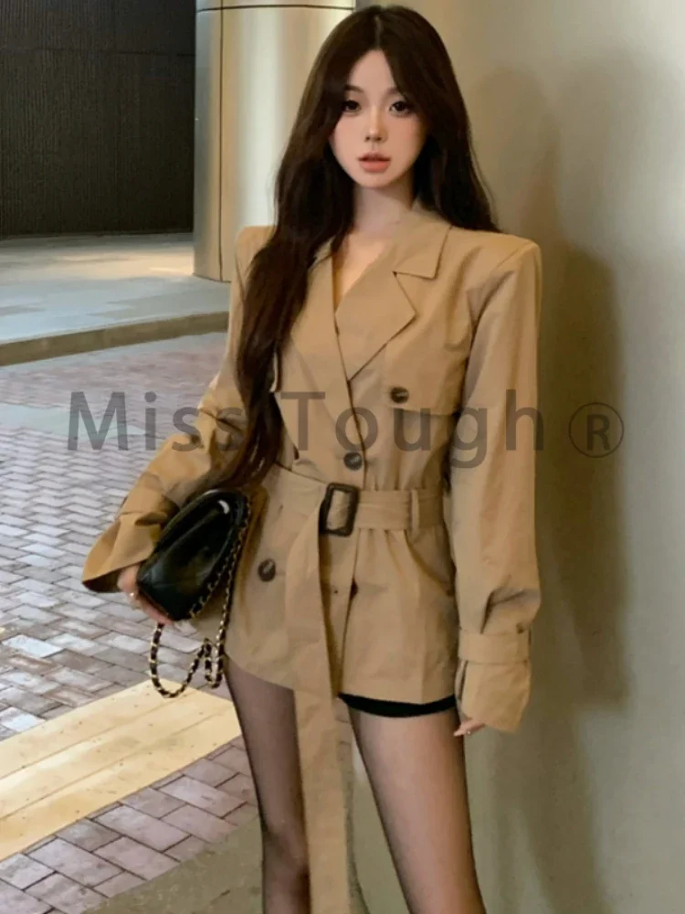 Autumn Korean Fashion Slim Lapel OverCoat Women Casual Pretty Long Sleeve Lace Up Tops Female Chic Design Solid Thin Coat New