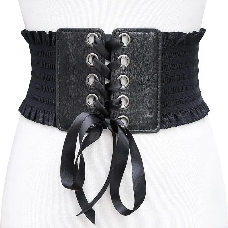 Women\'s Super Wide Belt Faux Leather Tassel Bow Elastic Corset Belt Front Belt Girls Clothes Decoration Fashion Skirt Waistband