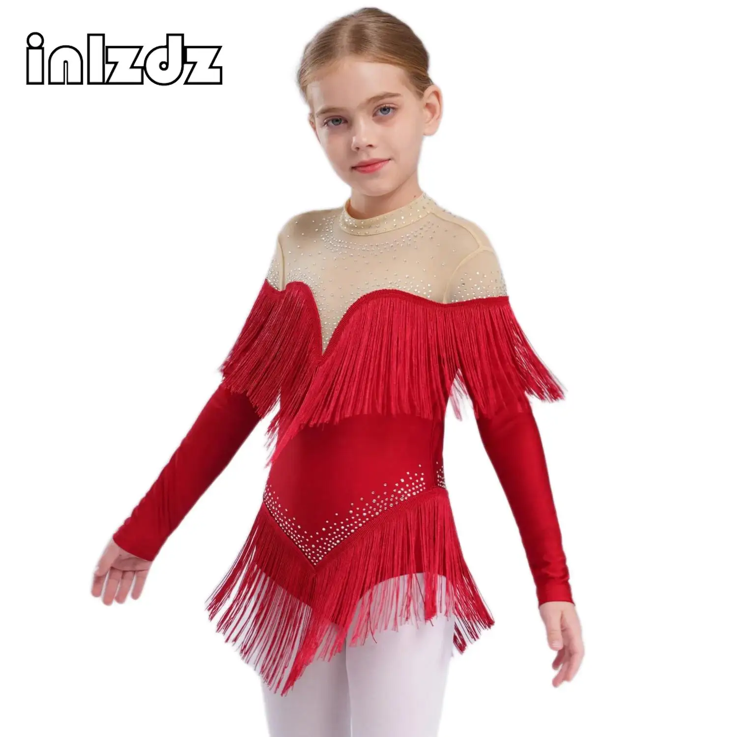 Body da ballo latino per bambina con nappa, strass, body in rete, vestito da competizione di ballo professionale, costume da salsa cha-cha samba