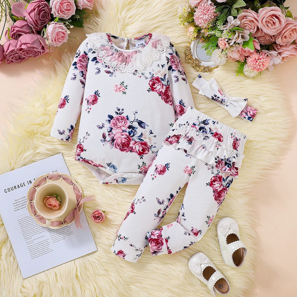 Baby Girl Casual Floral All-over Print Long Sleeve Triangle Romper + Pants + Headscarf Three-piece Set