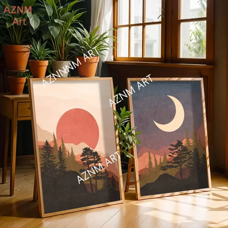 1/2Pcs un and Moon Mountain Landscape Wall Art,Bohemian Style,Canvas Poster Living Room,Bedroom Decor,Ideal Family Gift