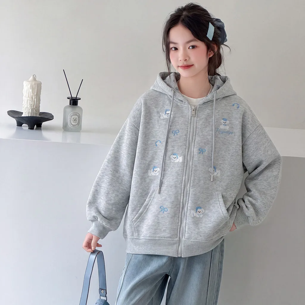 Girls Hoodie Jacket Cute Puppy Bow Embroidery Autumn Children Coat 2026