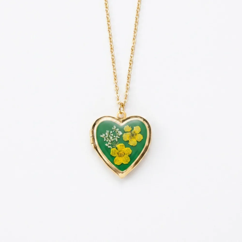 Copper Vintage Dried Flower Locket Colorful Heart Case Heart Open Pendant Necklace Vintage Color Enamel Floral Charm Gift