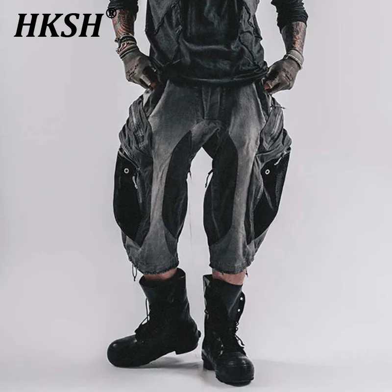 

HKSH 2025 Spring Summer New Men Tide Punk Techwear Pocket Mesh Spliced Capris Multi-layer Dirty Washed Waste Land Shorts HK4631
