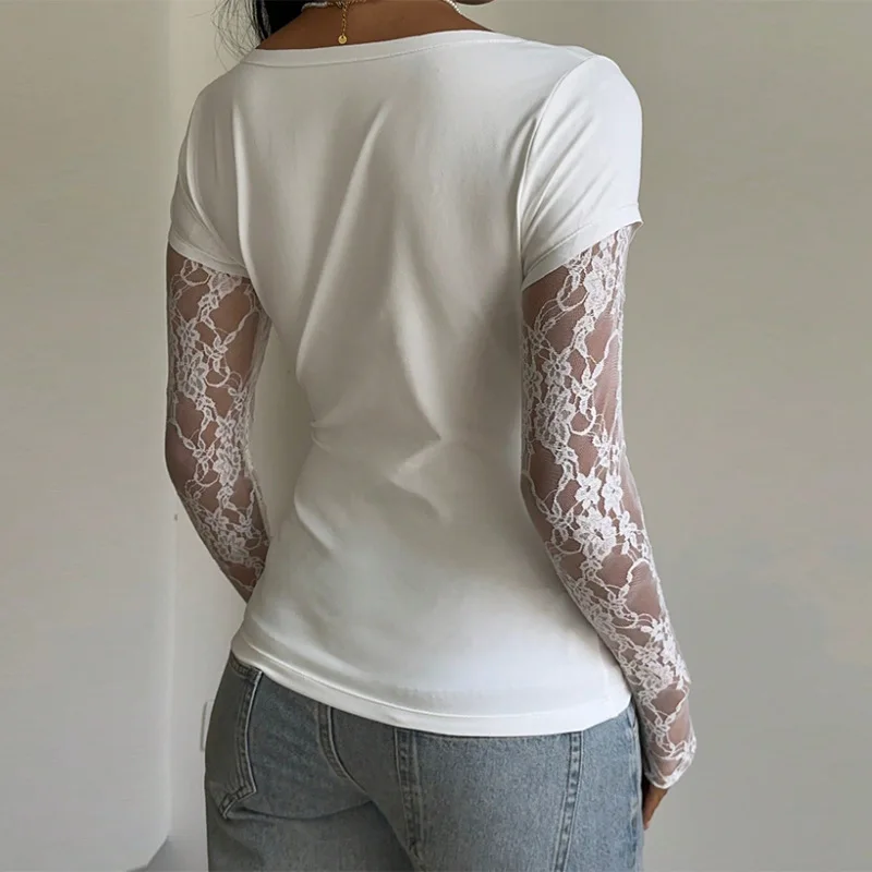 Women's Sexy Slim Fit Long Sleeve T-shirt Lace Stitching Cleanfit Style Casual Pants PVC Material Mid-aged Suitable