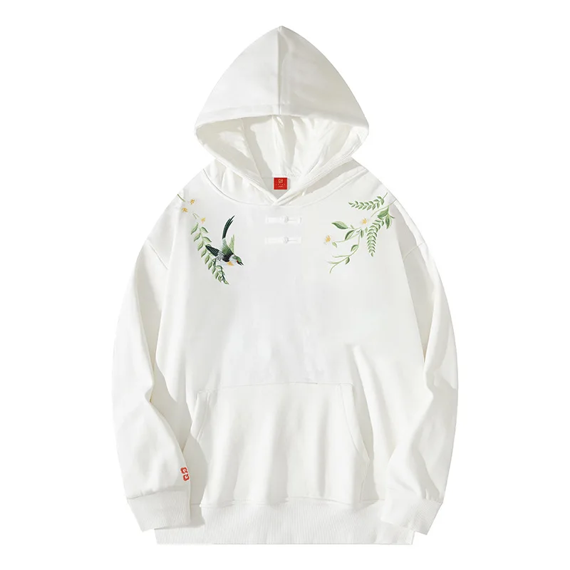 Bird Floral Embroidery Hoodies For Men Loose Fit Pullovers Trends Winter Quality Cotton Sweatshirt Casual Sudaderas Para Hombres