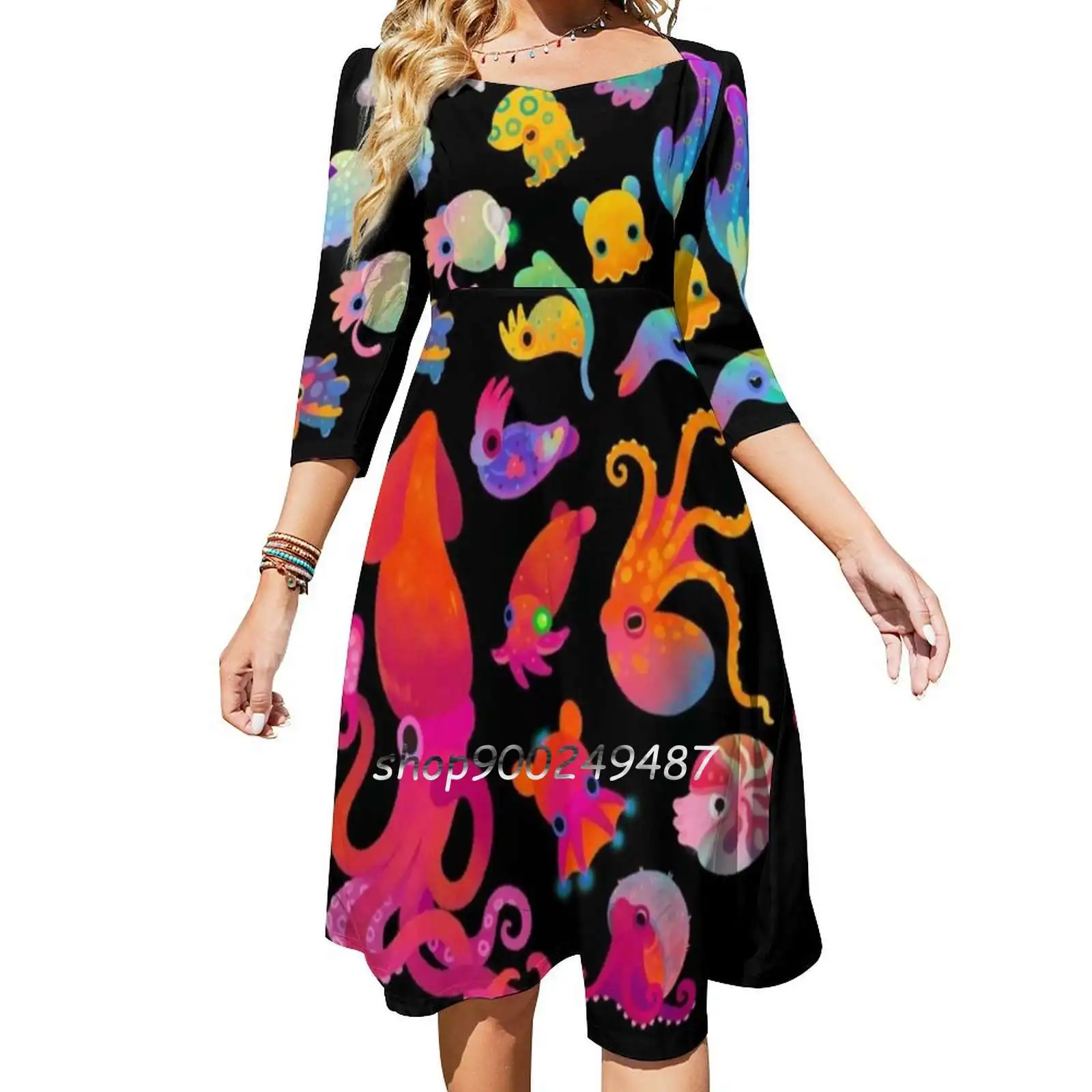 Cephalopod Flare Dress Multiple styles Print Dress Short and Long Sleeve Dress Cephalopod Squid Octopus Animal Ocean Marine Life