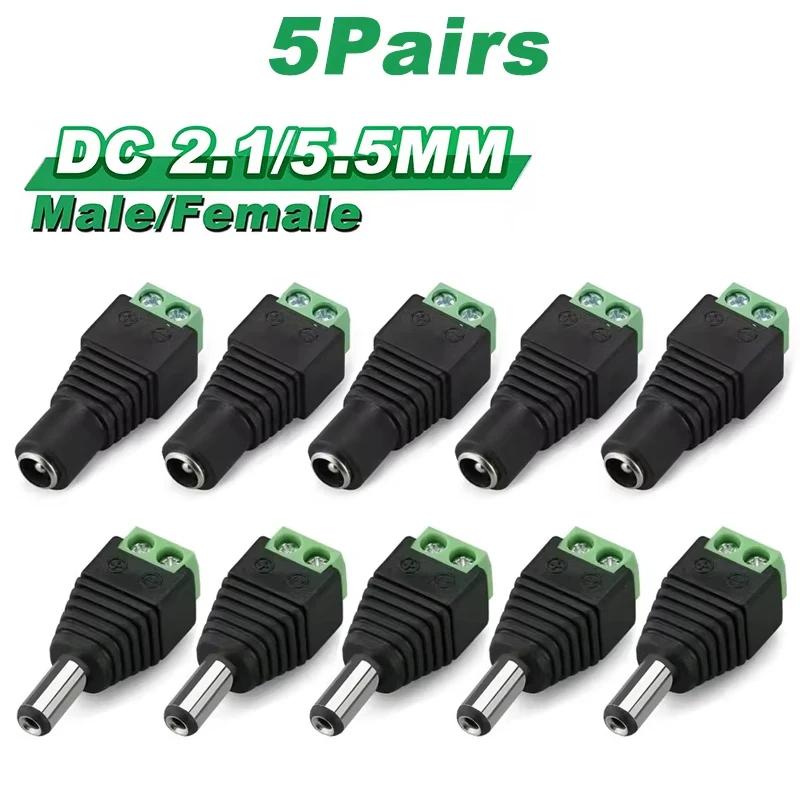 

10Pcs 2.1mm x 5.5mm DC Power Plug and Jack Connector Set, 5A Screw-Type (No Soldering) for CCTV Camera, LED Strip, Audio/Video