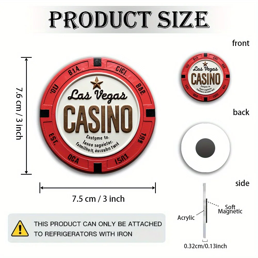 Las Vegas Casino Fridge Magnet, Non-Toxic Acrylic Rubber Poker Party Decor for Game Table, Birthday Gift for Fans