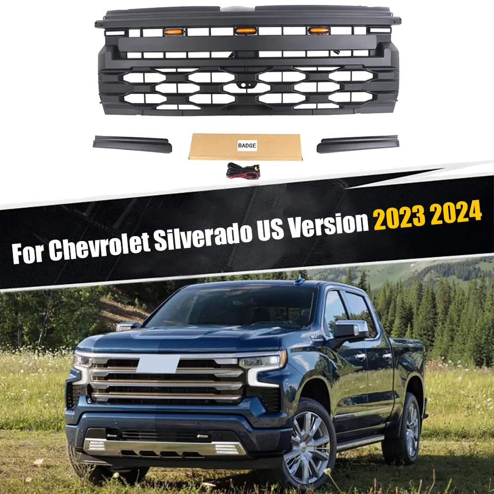 

Front Car Bumper Grille For Chevrolet Silverado US Version 2023 2024 Modified With LED Lights Grill Racing Grills Grild