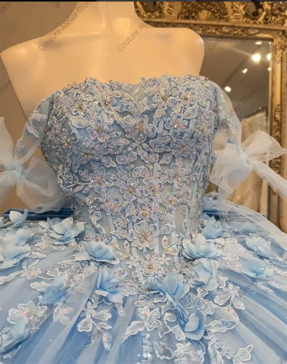 Apliques de encaje azul bebé con hombros descubiertos, vestido para quinceañeras, vestido de baile dulce 15 16, vestido de quinceañera