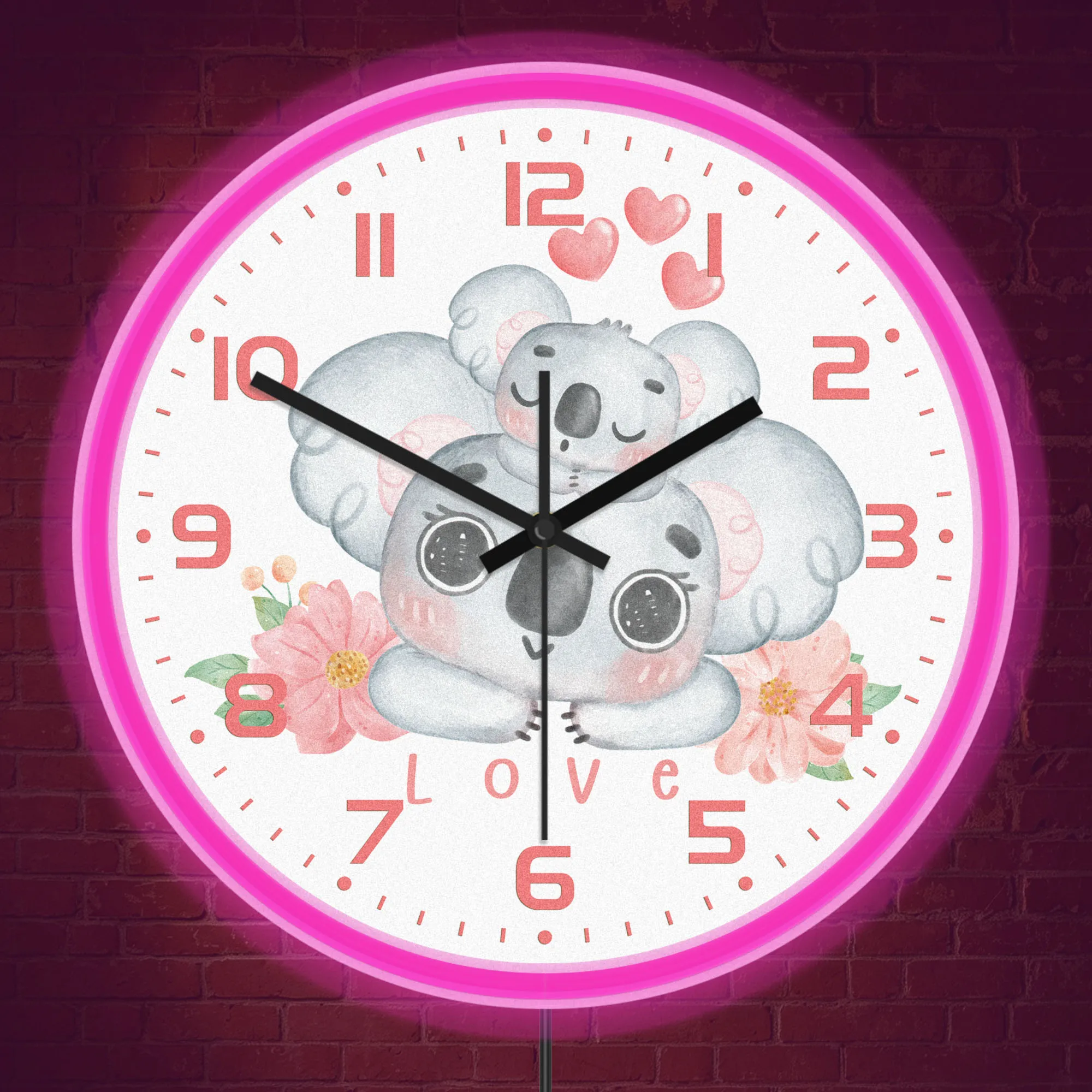 Watercolor Mother And Baby Koala Silent Quartz Wall Clock for Playroom Koala Family LED Neon Light Wall Clock Baby Shower Gift