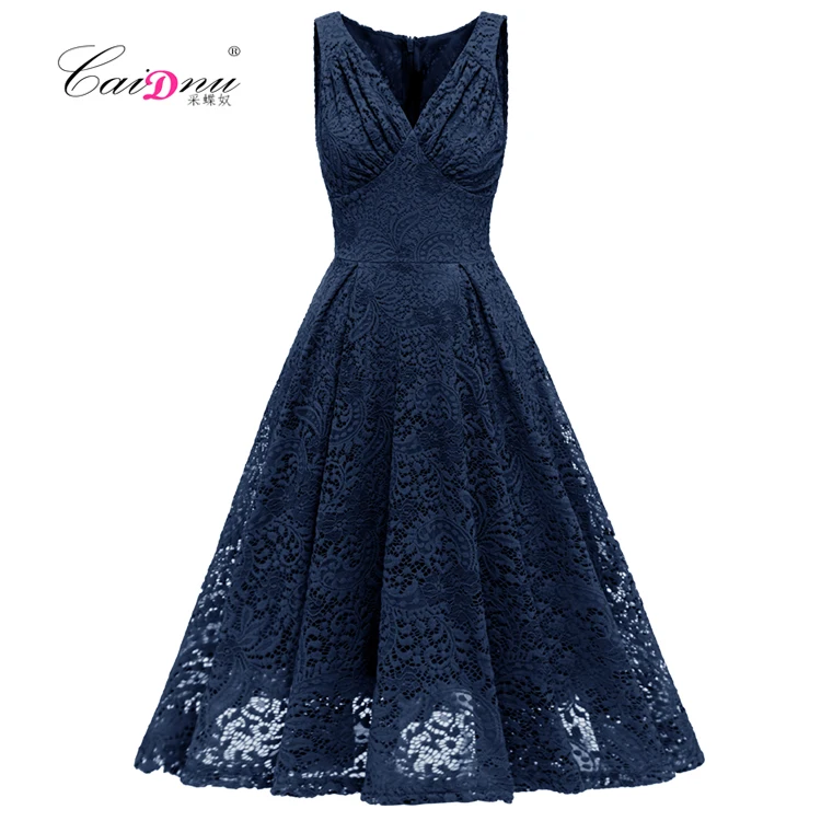 HotSweet ガールセクシーな夏のレースのドレス中空アウトノースリーブ V ネックミッドカーフフェスティバルドレスエレガントなイブニングパーティードレス XK013