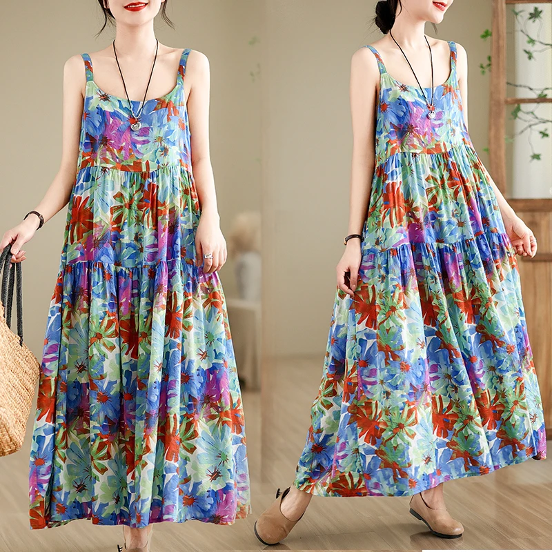 

New 2024 Loose plus Size Cotton Lin Long Dress Women's Print Strap Dress Summer Fashionable Ethnic Style Stage Costume