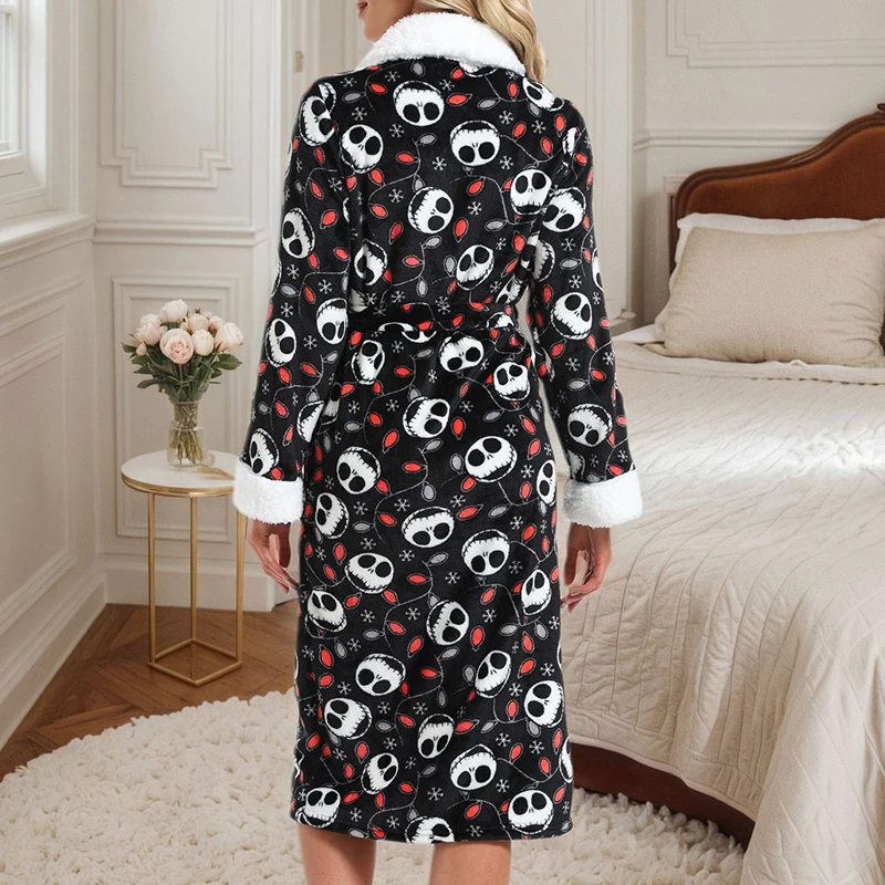 Winter Flannel Female Robe Kimono Gown Halloween Skull Bathrobe Thicken Warm Coral Fleece Bathrobe Loungewear Loose Sleepwear