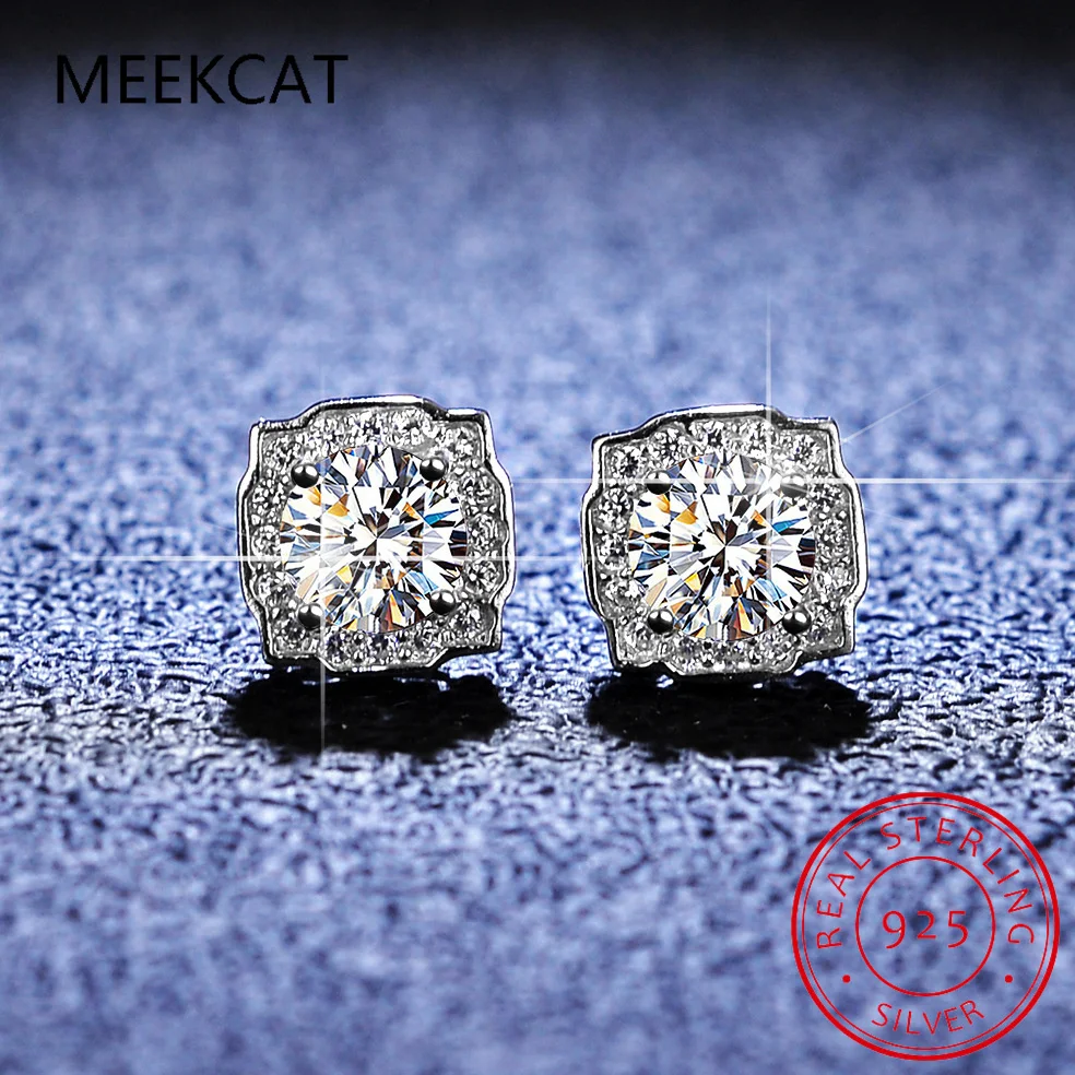 White Gold 1CT Moissanite Stud Earrings for Women Round Cut S925 Silver Luxury Square Jewelry Lab Diamond Earring Gift