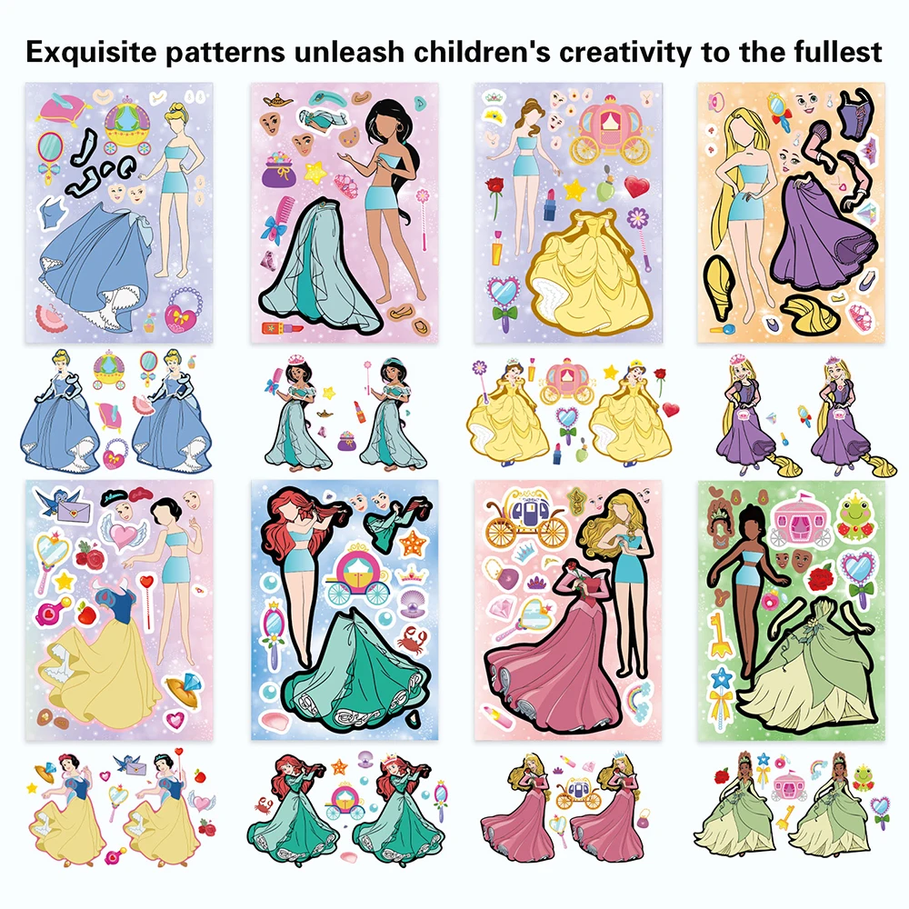 

8/16Sheets Cute Disney Princess Children Puzzle Stickers Make-a-Face Funny DIY Assemble Jigsaw Sticker Kids Educational Toys