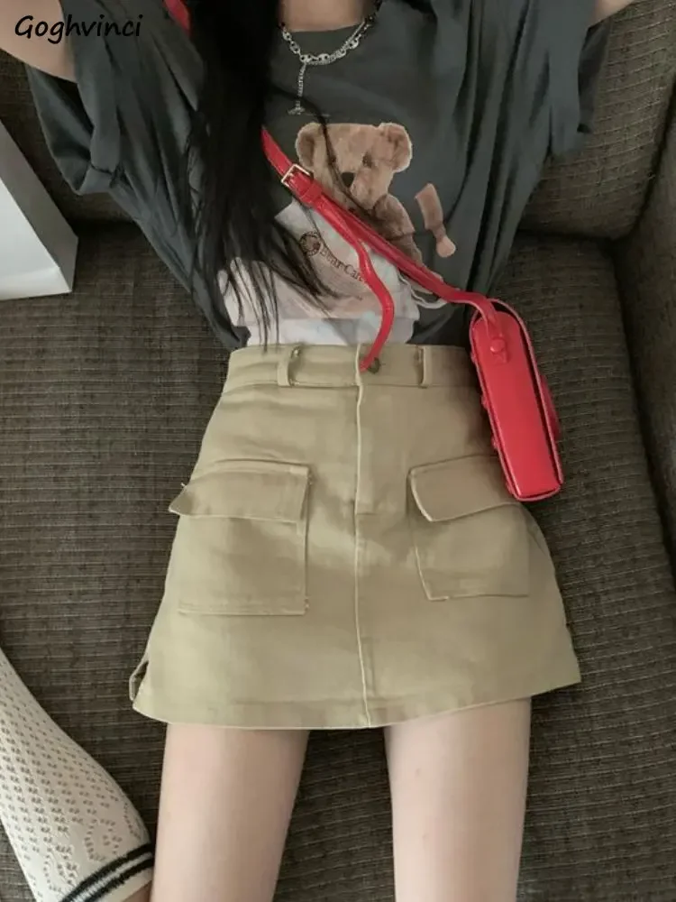

Vintage Mini Skirts Women Solid Summer High Waist Simple Pockets Design Hotsweet Girls All-match Korean Trendy Sexy Daily Casual