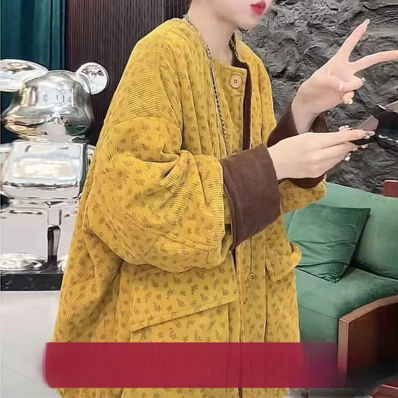 

Корейская зимняя хлопковая куртка, теплое вельветовое пальто с принтом Thiened, свободное круглое пальто Ne, женская одежда средней длины больших размеров