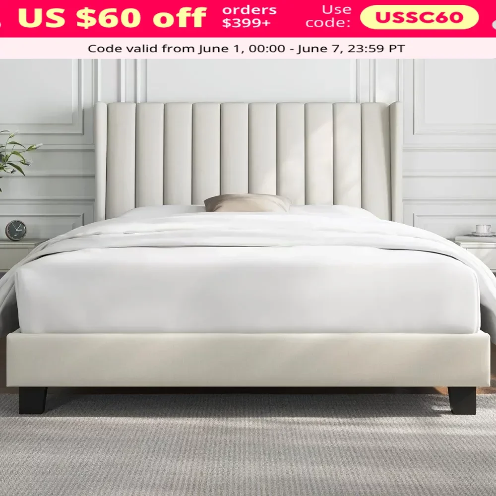 

Full Size Bed Frame Upholstered Platform Bed with Fabric Headboard, Wing Edge Design/Non-Slip and Noise-Free, Beige Full Bed