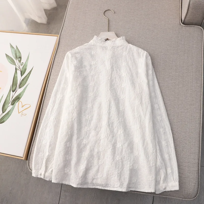 Mori kei clothing Japanese style white lace embroider shirts and blouses women cotton sweet long sleeve shirts cute clothes