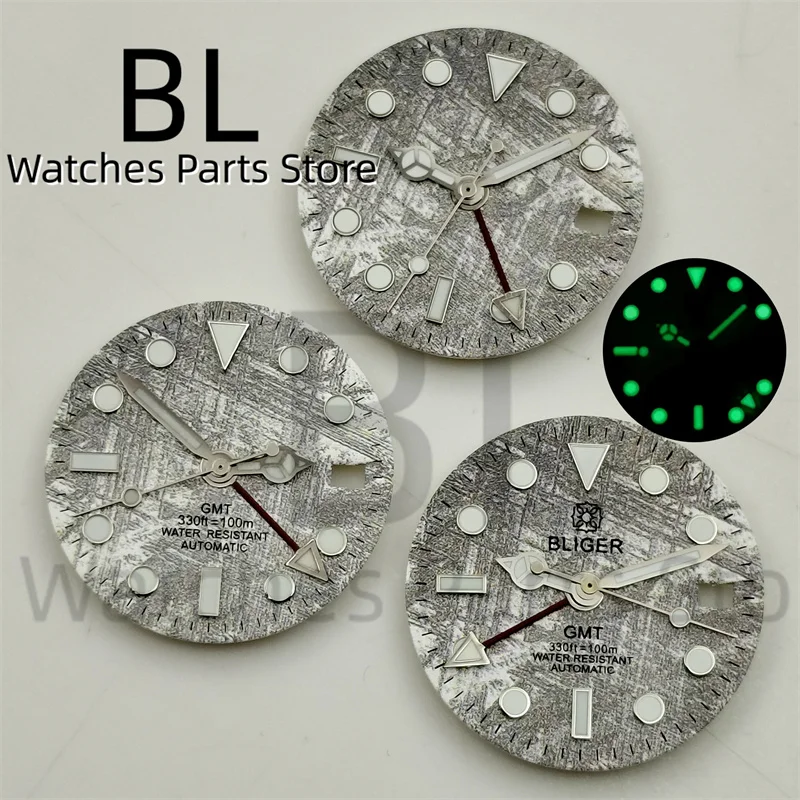 BLIGER 29mm Meteorite Watch Dial With Red GMT Hands Blue Red Bezel Suitable For 40mm Men\'s Watch Case NH34 Movement Luminous