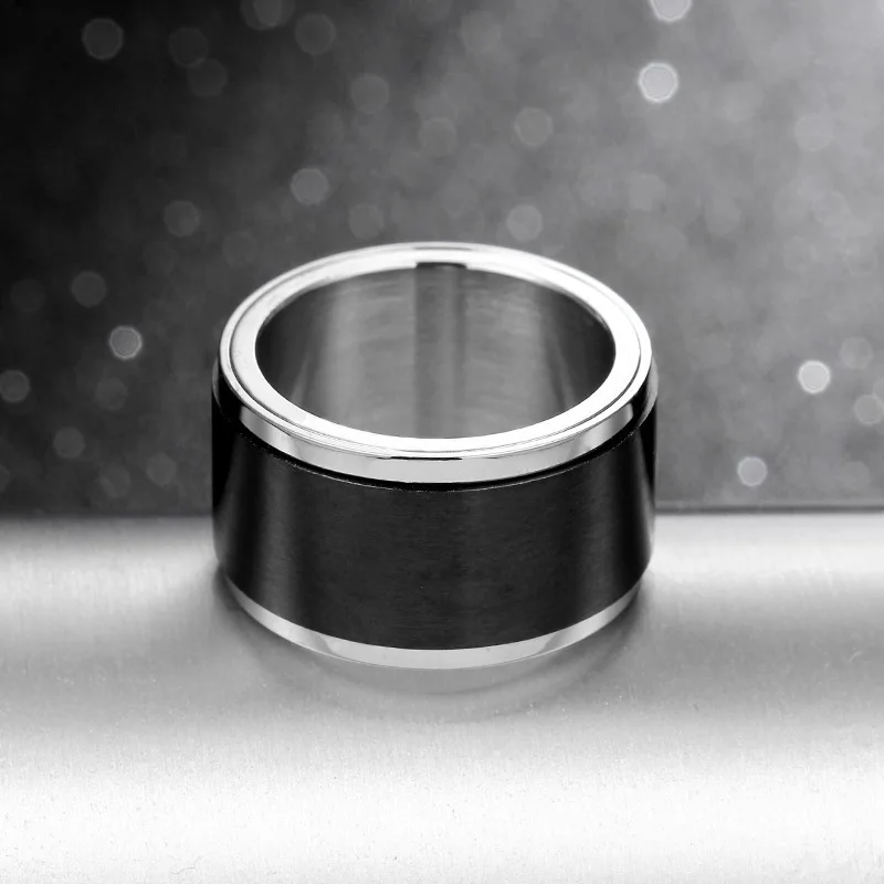 Ultra Wide Spinner Ring for Men Anti-Stress Anxiety Fidget Rotating Rings Black Silver Color Stainless Steel Spinning Ring