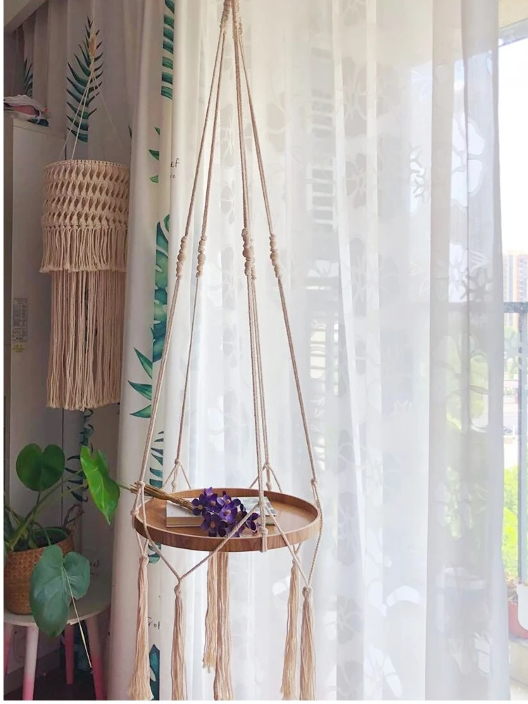 

Hanging Table Woven Side Table Handmade Hanging Basin Homestay Decoration Balcony Flower Shelf Shelf Fringe Hanging